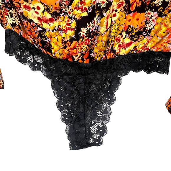 New Free People Orange Gold Floral Viscose Lace‎ Bodysuite Med - Picture 6 of 7